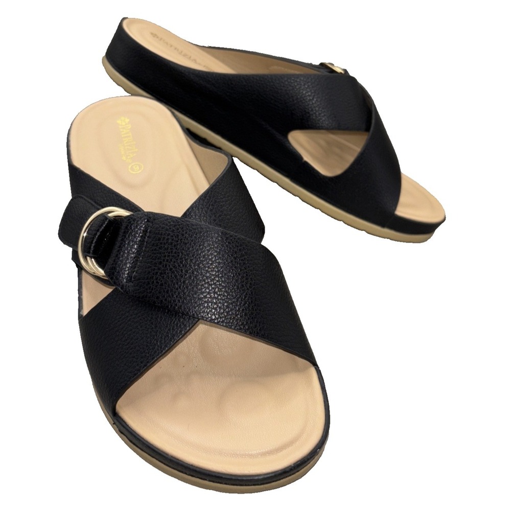 PATRIZIA Rubia Pebbled Criss Cross Slide Sandal Size 9 Black Gold Accent Vegan